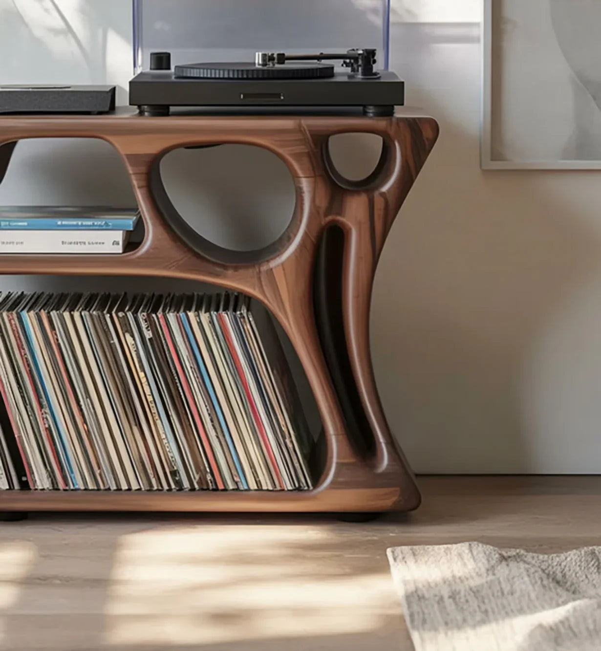 Modern solid wood record player stand with vinyl storage and sculpted live edge design