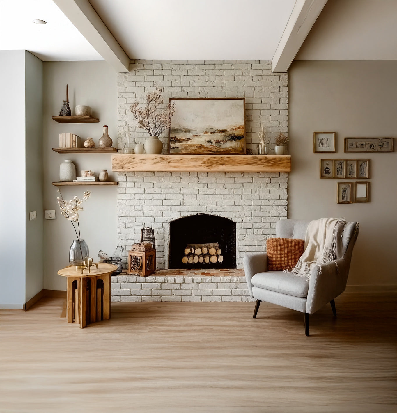 Cozy living room with white brick fireplace, wooden mantle, gray armchair, and minimalist rustic decor