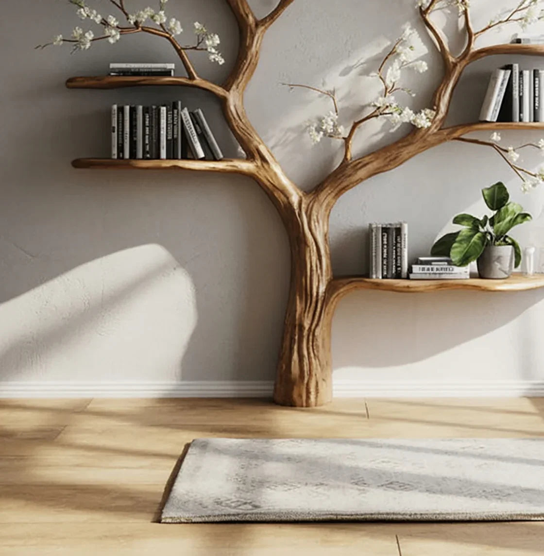 Live edge tree bookshelf with books, decorative flowers, and a plant against a light wall