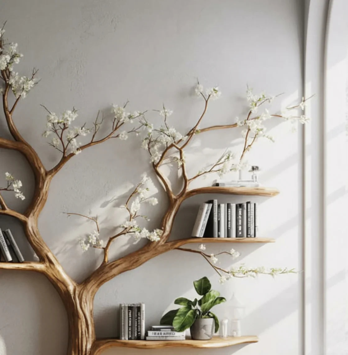 Live edge tree bookshelf with blooming branches, books, and plant against a sunlit wall
