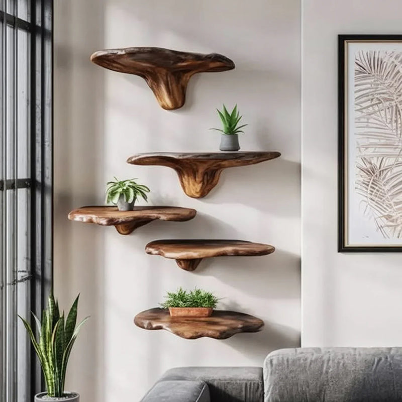 Live edge solid wood floating shelves with potted plants in a modern living room
