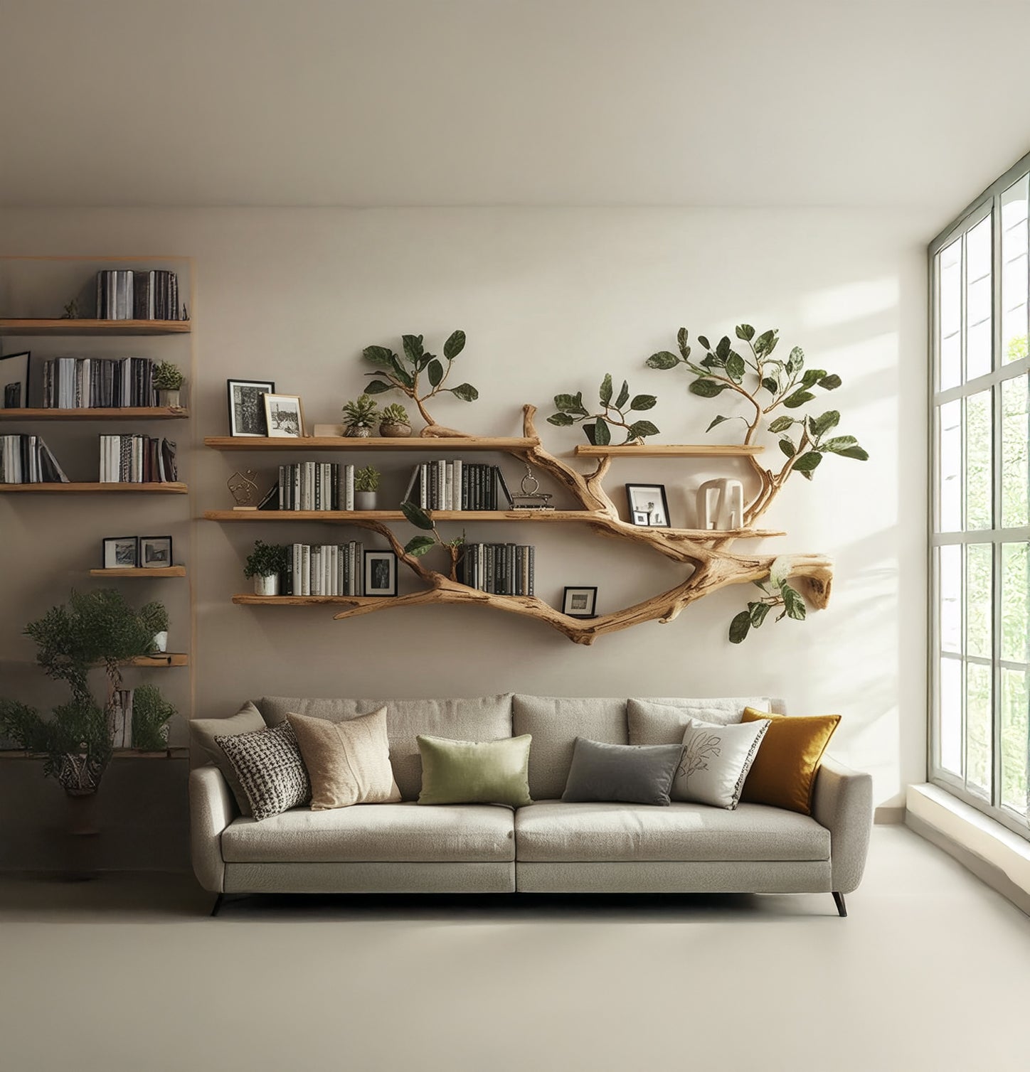 Modern living room with a beige sofa, live edge tree bookshelves, and large windows