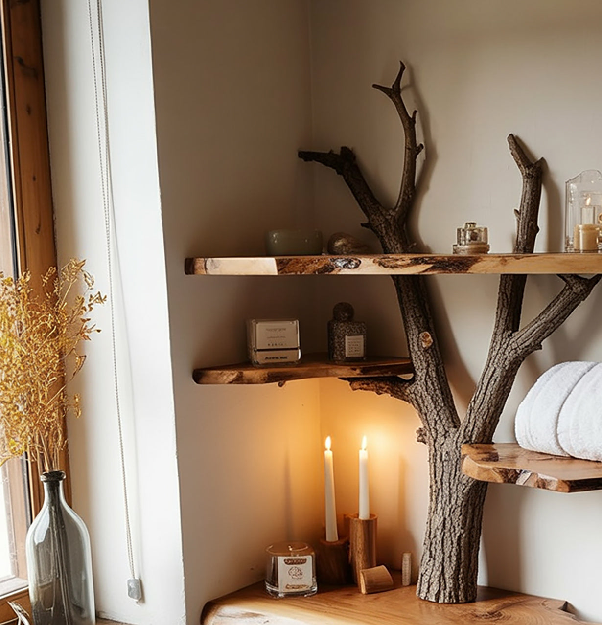 Rustic wooden shelves with natural tree branch supports holding candles, towels, and decor near window