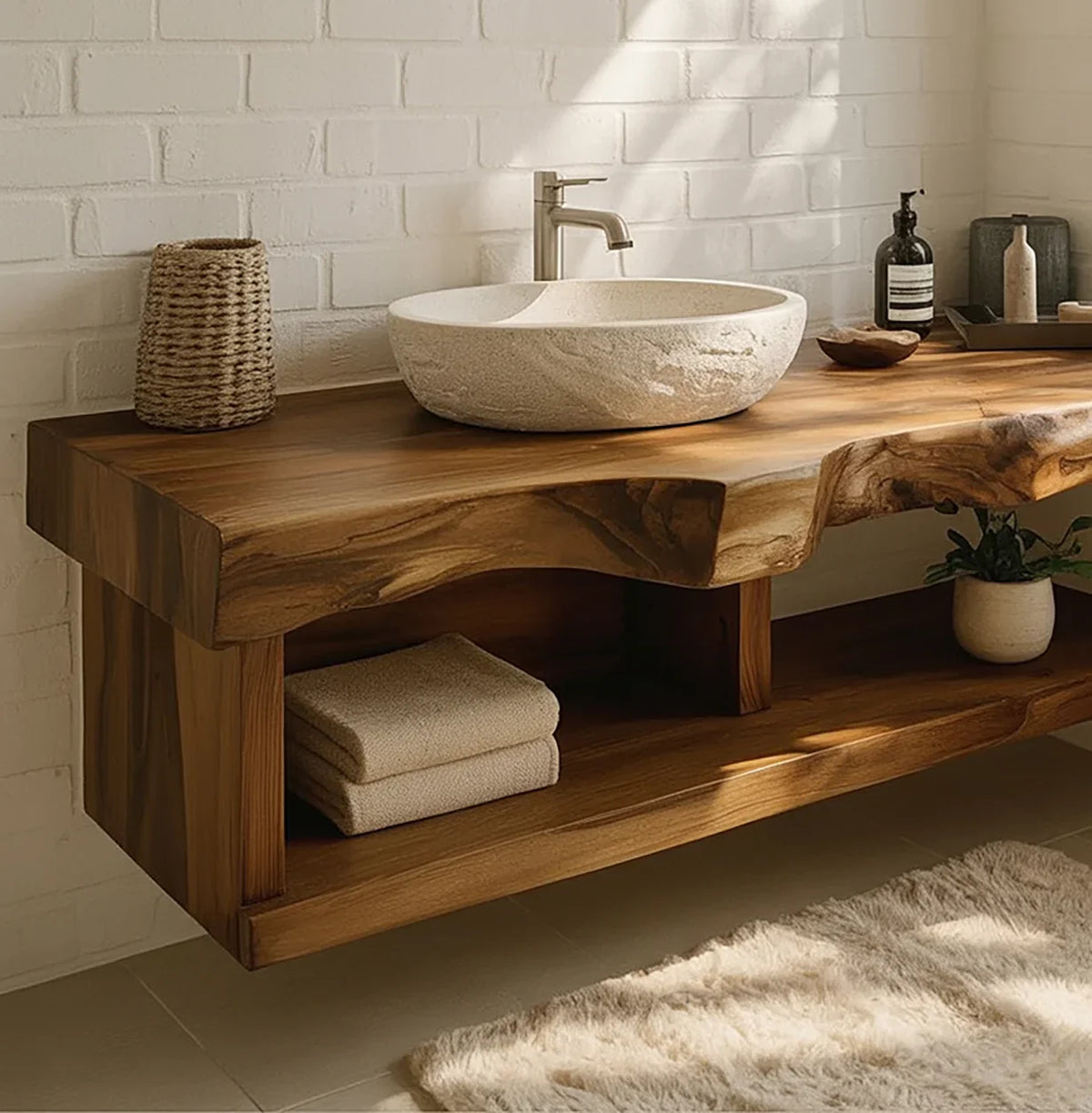 Modern bathroom with natural wood floating vanity, stone vessel sink, wicker decor, and beige rug