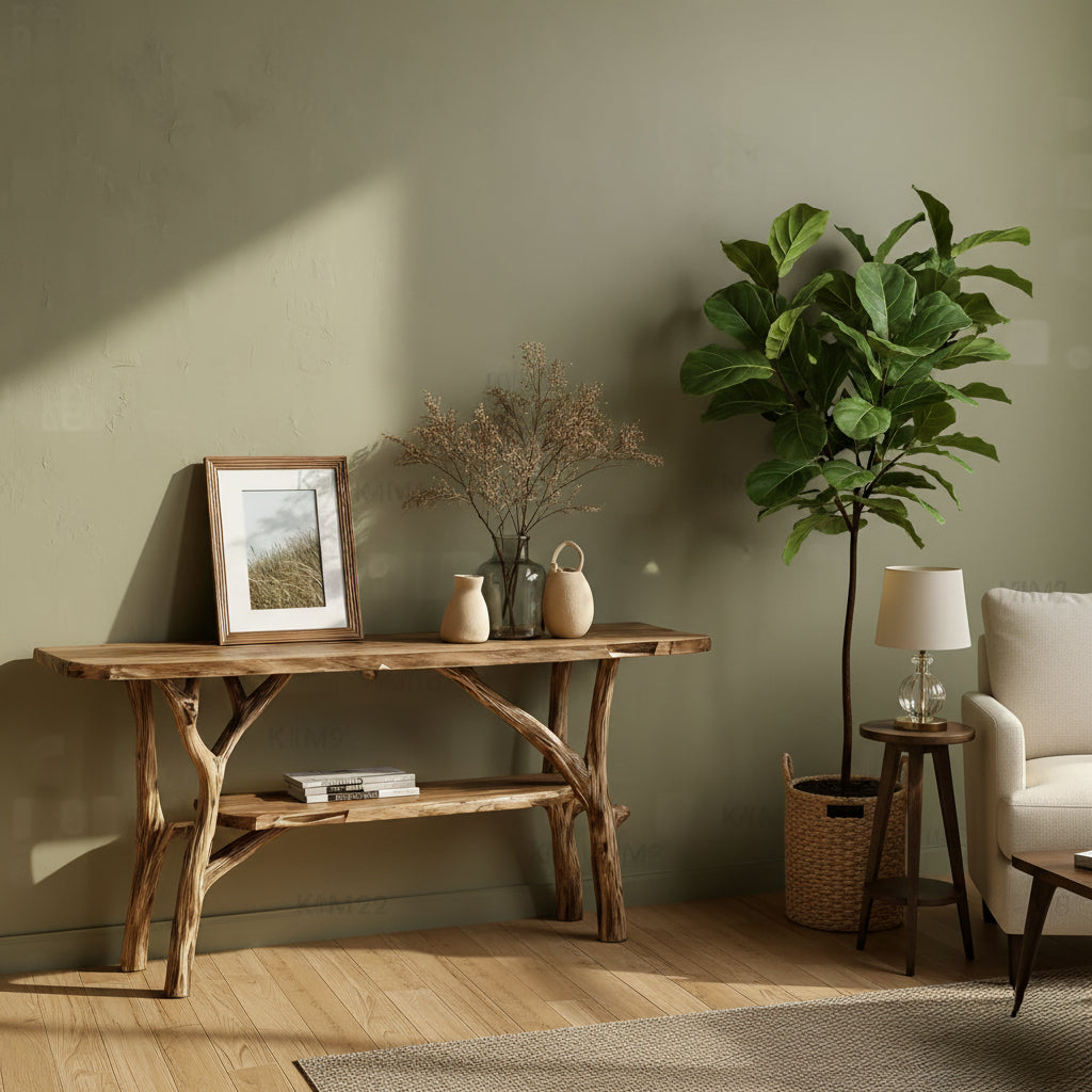 Rustic wooden console table with decor, indoor fiddle leaf fig plant, lamp, and beige armchair in cozy living room