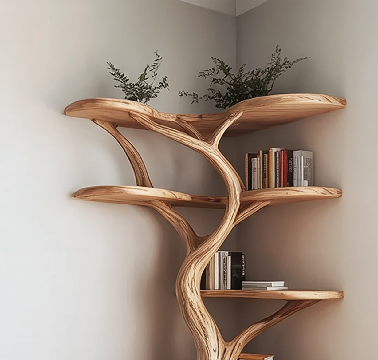 Live edge solid wood tree bookshelf in a corner, with books and small plants on shelves.