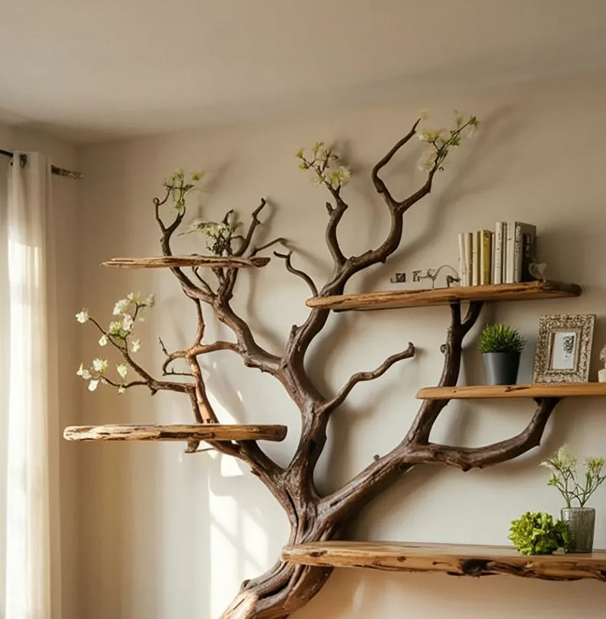 Tree-shaped solid wood bookshelf with floating shelves and decorative plants