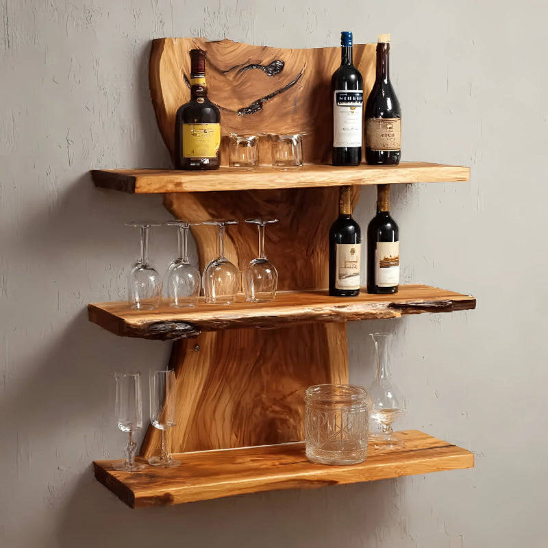 Live edge solid wood floating shelf with wine bottles and glassware against a neutral wall