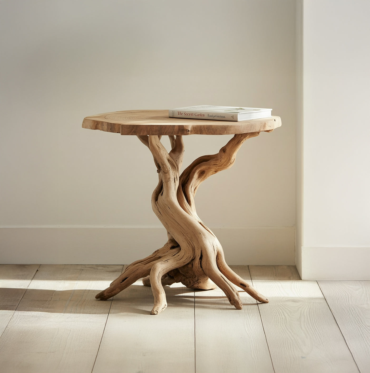 Rustic wooden side table with natural twisted branch base and book on top in bright room