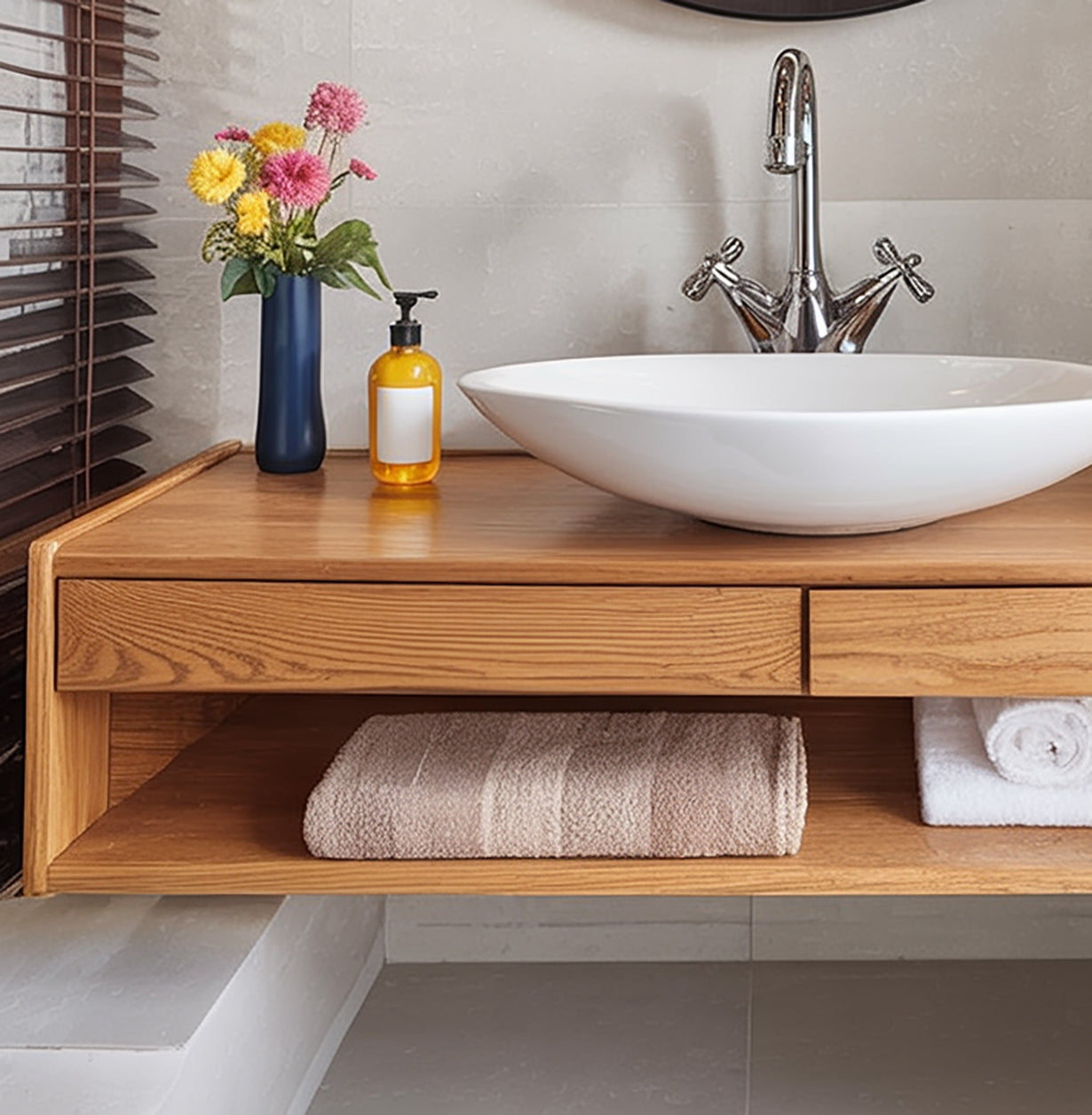 Solid wood floating bathroom vanity with vessel sink, flowers, and towels