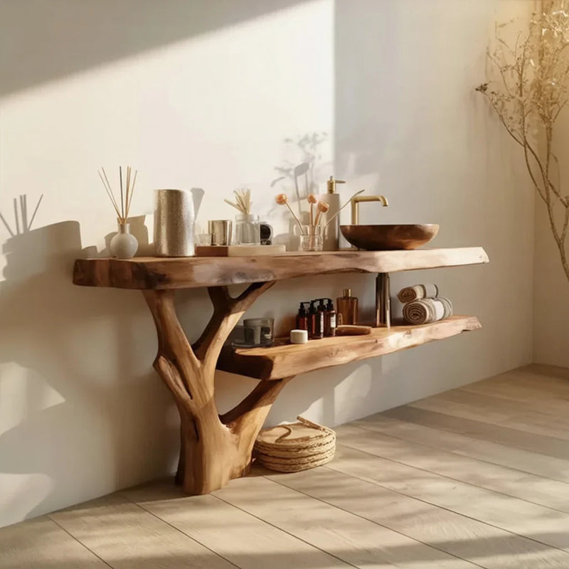 Live edge solid wood bathroom vanity with vessel sink and natural decor in sunlit room