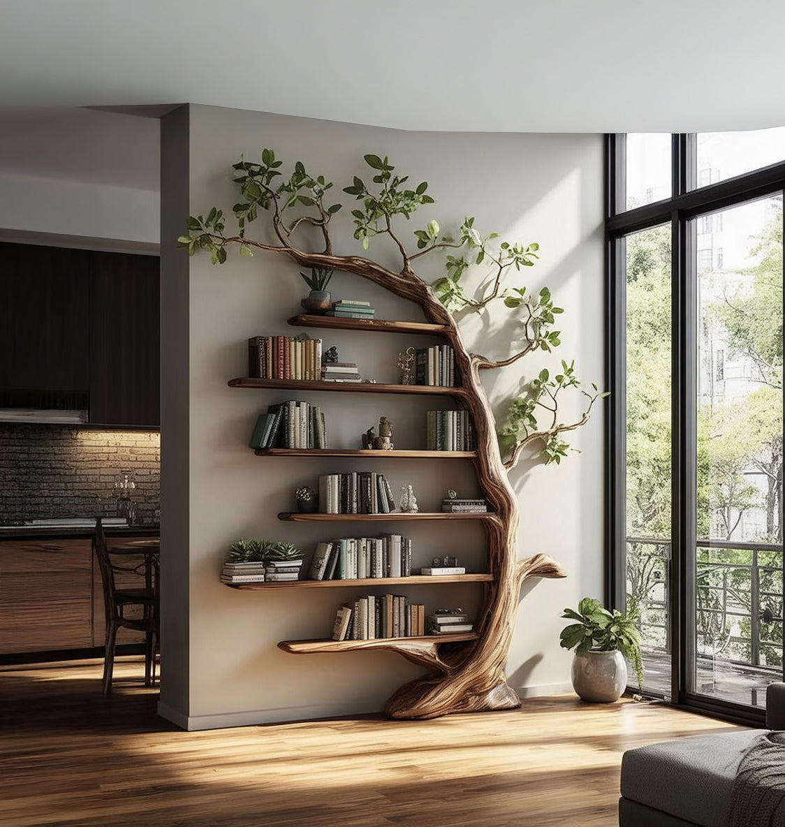 Tree-shaped wooden bookshelf with books and plants in a bright modern living room