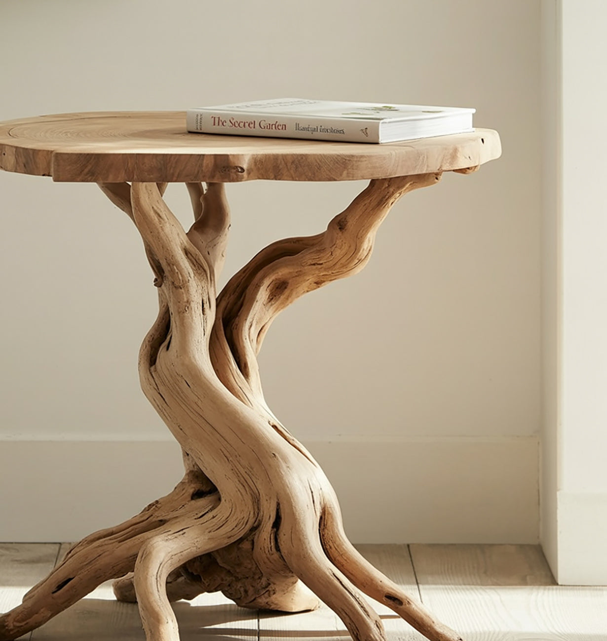 Natural wooden side table with twisted driftwood base and book on top