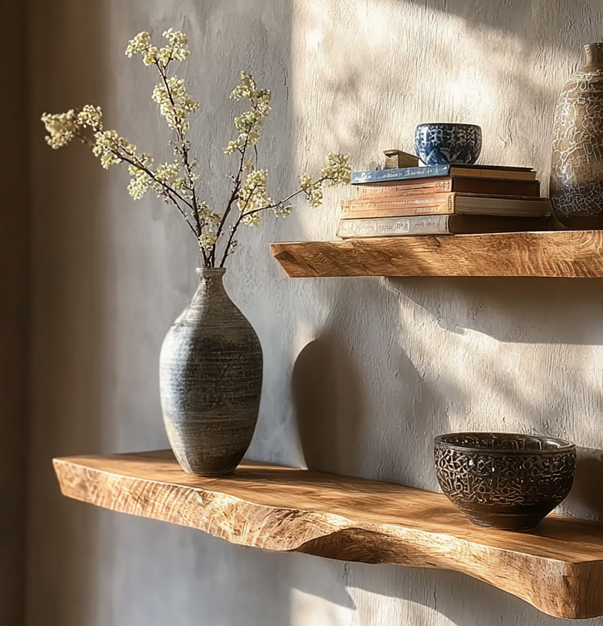 Rustic wooden floating shelves with a textured vase of white flowers, stacked books, and decorative pottery