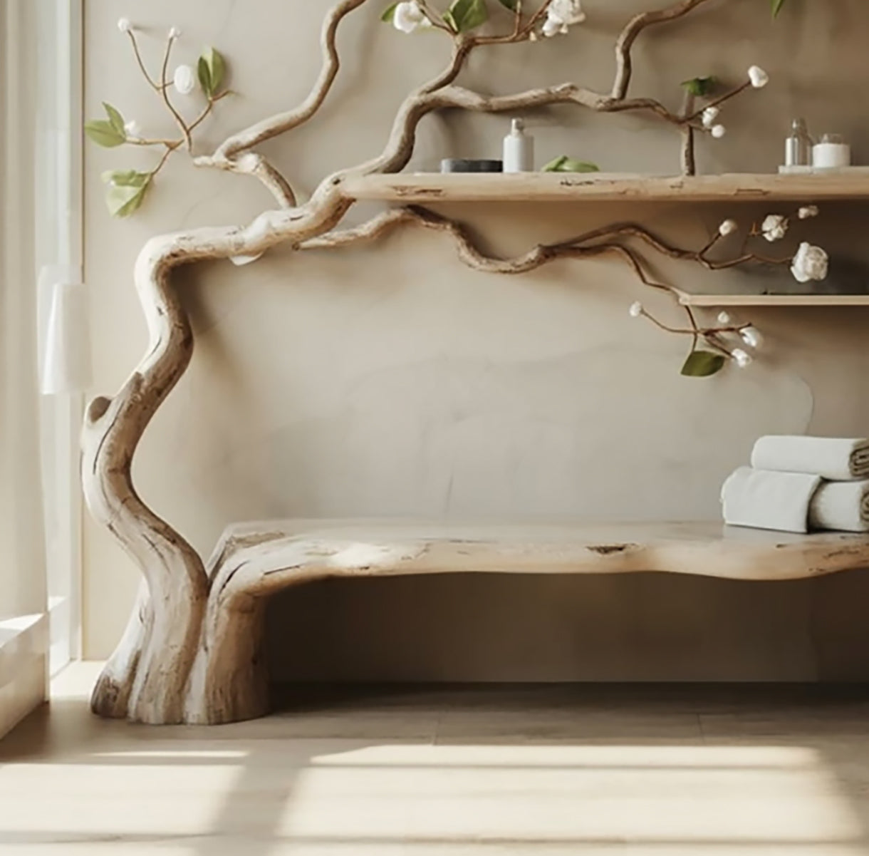 Handmade Tree-Inspired Wall Shelf & Bench – Natural Solid Wood Decorative Organizer