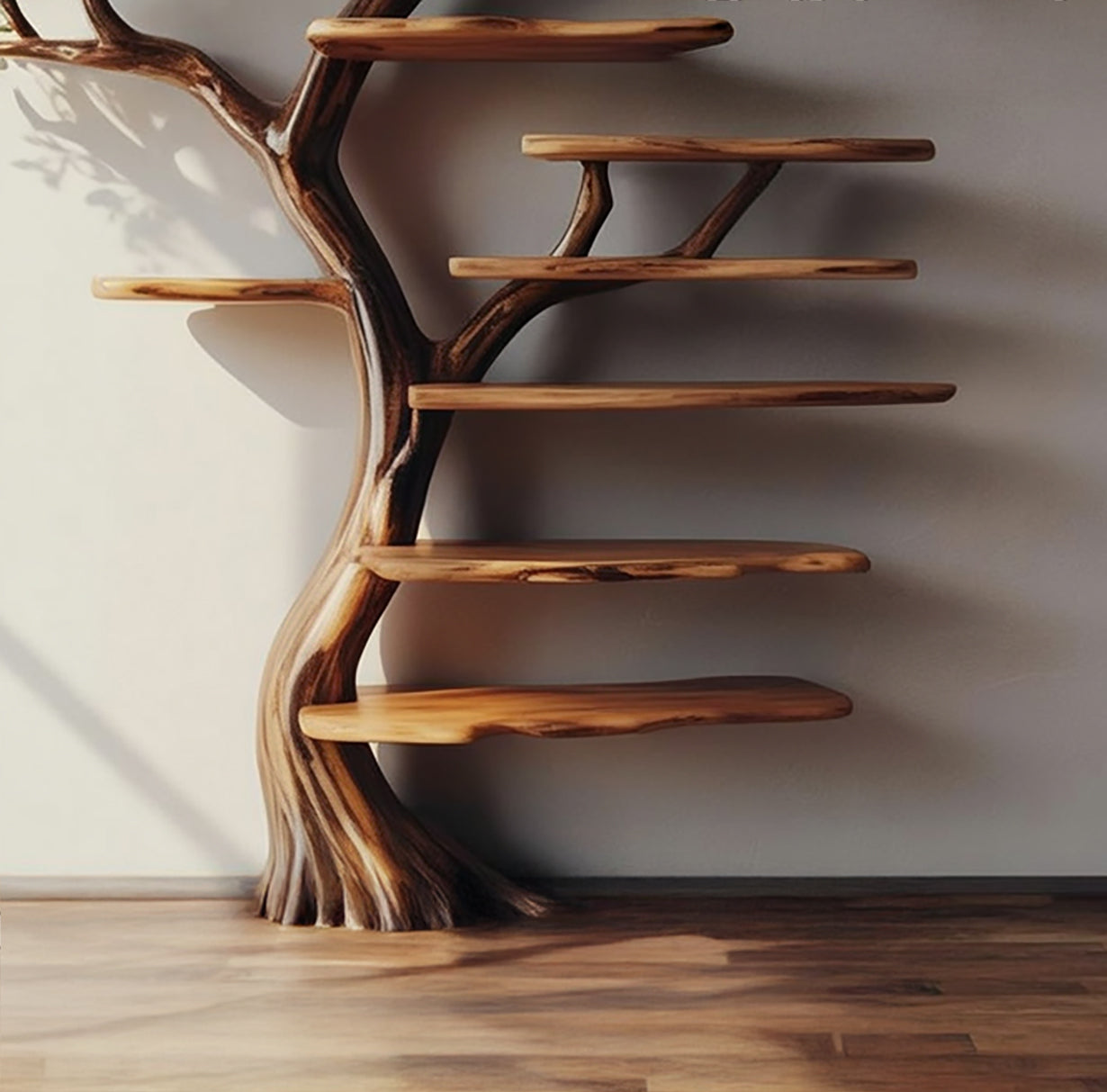 Unique wooden tree-shaped wall shelf with natural wood grain and multiple flat tiers