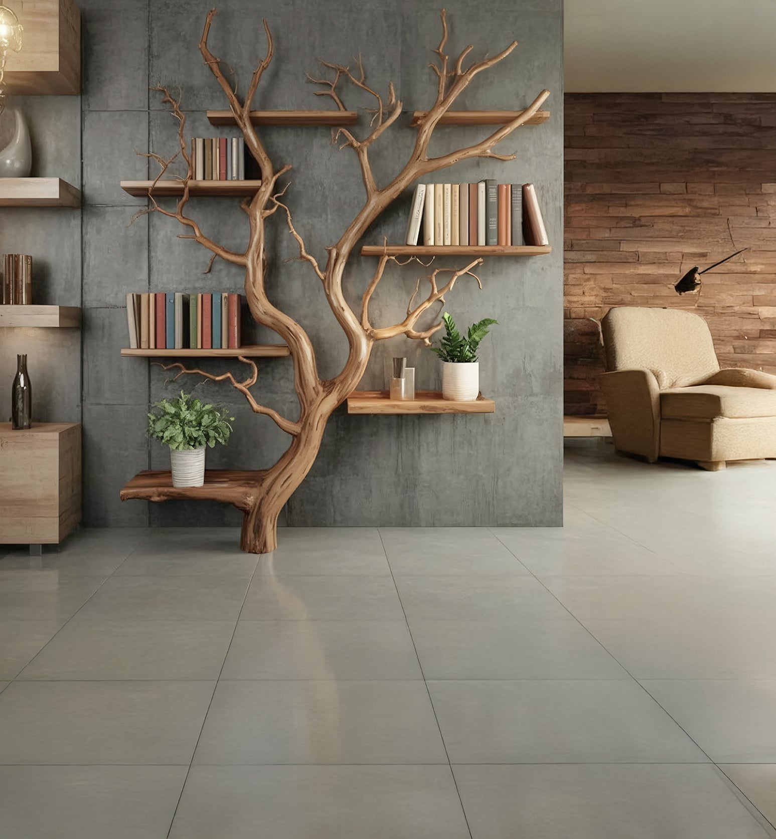 Modern living room with a tree-shaped wooden bookshelf, books, potted plants, and beige armchair