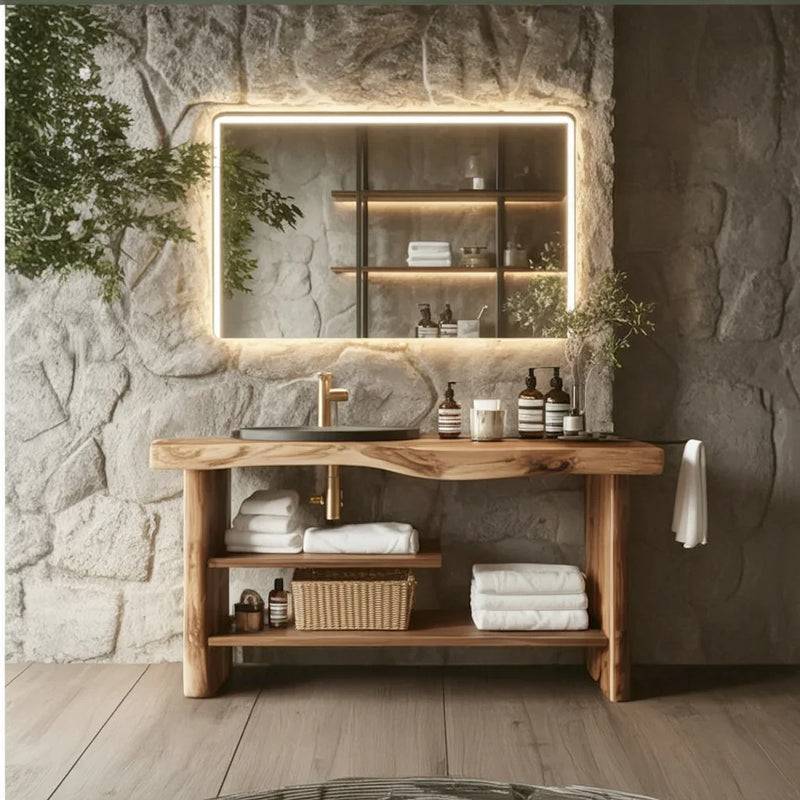 Solid wood live edge bathroom vanity with vessel sink, stone wall, and LED mirror lighting