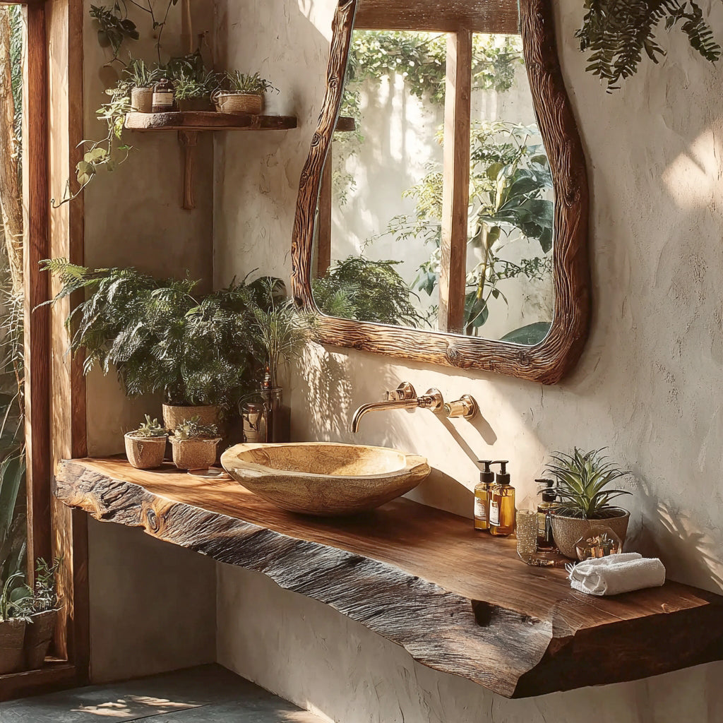 Rustic bathroom with live-edge wooden counter, stone vessel sink, framed mirror, and lush green plants