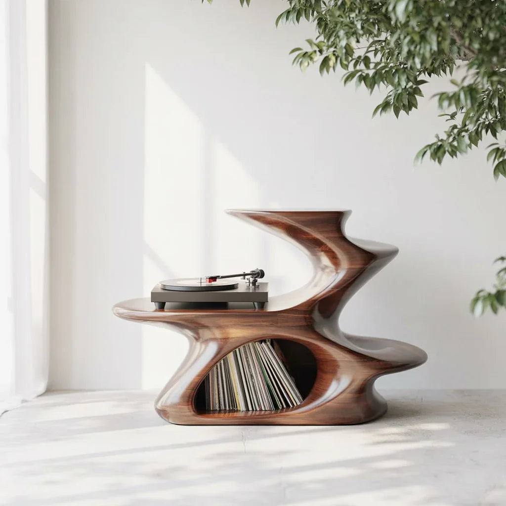 Sculptural live edge wood console with record player and vinyl storage in sunlit room