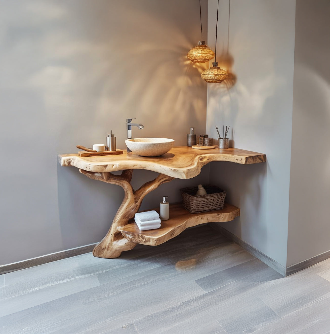 Live edge solid wood bathroom vanity with vessel sink and organic shelving in modern setting