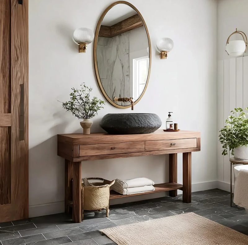 Solid wood bathroom vanity with stone sink, oval mirror, and modern decor in natural light