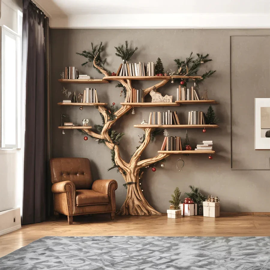 Tree-shaped wooden bookshelf with books and ornaments in a cozy living room setting
