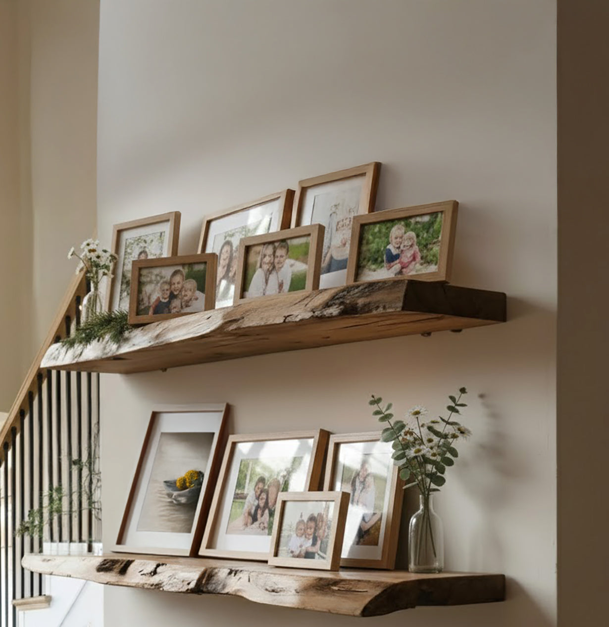 Rustic wooden shelves with framed family photos and glass vases holding flowers in a cozy home