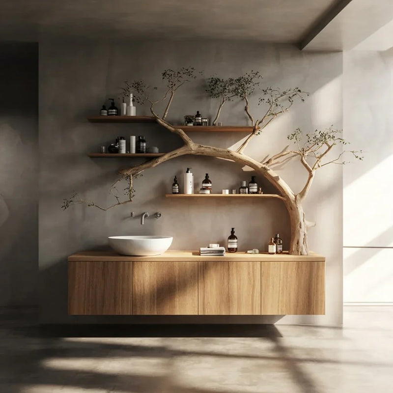 Modern bathroom with floating wood vanity, vessel sink, and tree branch shelving
