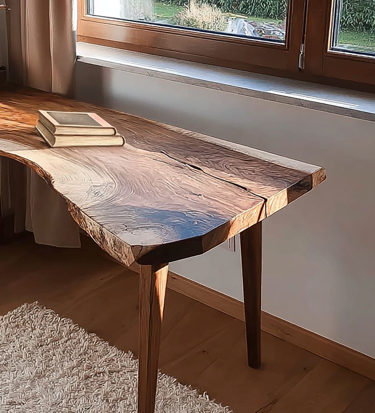 Live edge wooden desk with natural grain and two books near window in cozy room