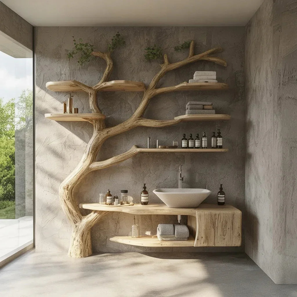 Eco-friendly bathroom with unique wooden tree-branch shelves and modern sink against textured gray wall