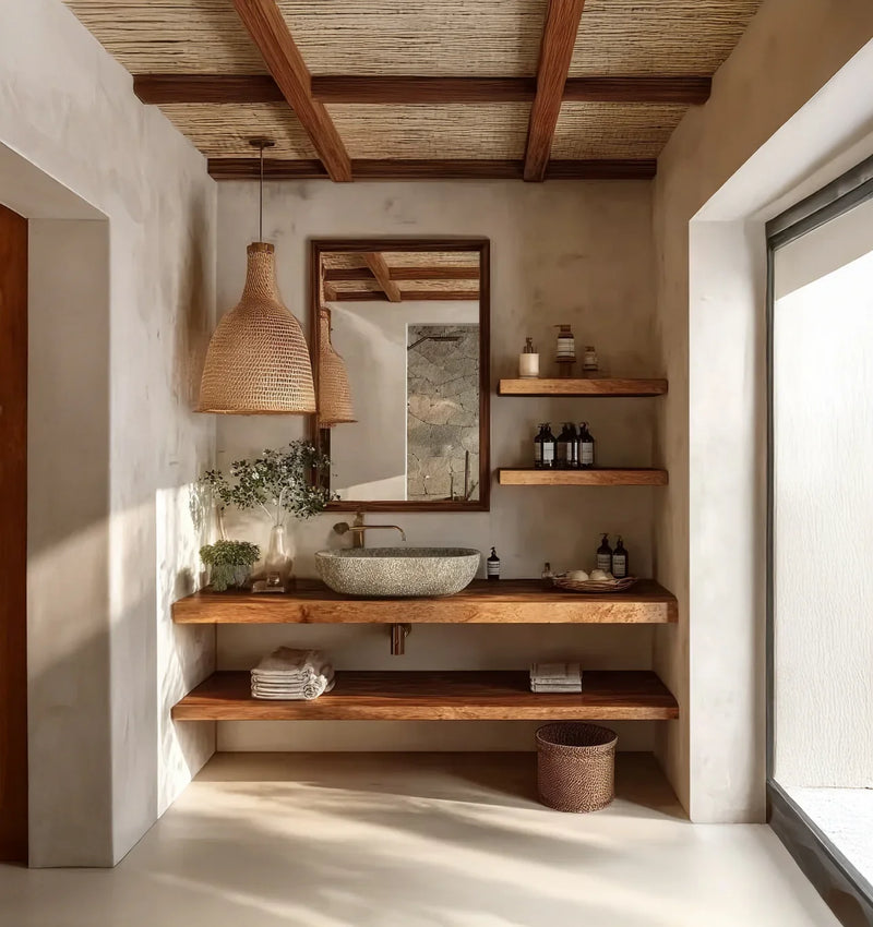 Modern bathroom with live edge wooden shelves, vessel sink, rattan pendant light, and natural decor