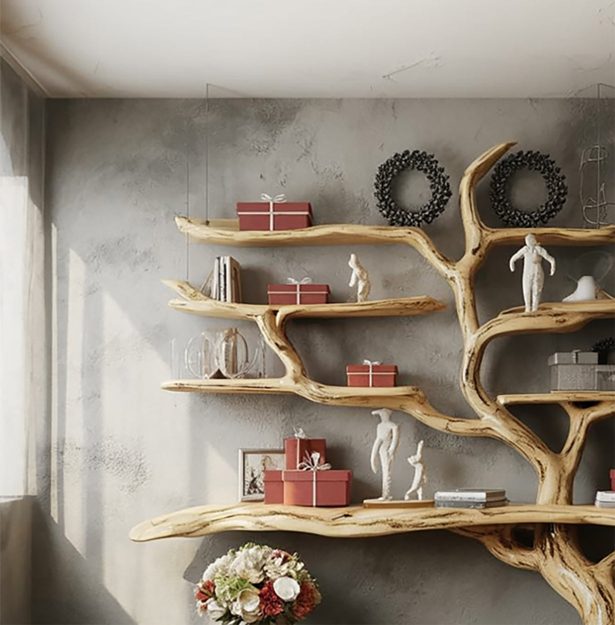Natural wood tree branch wall shelf with red gift boxes, statues, wreaths, and books on concrete wall