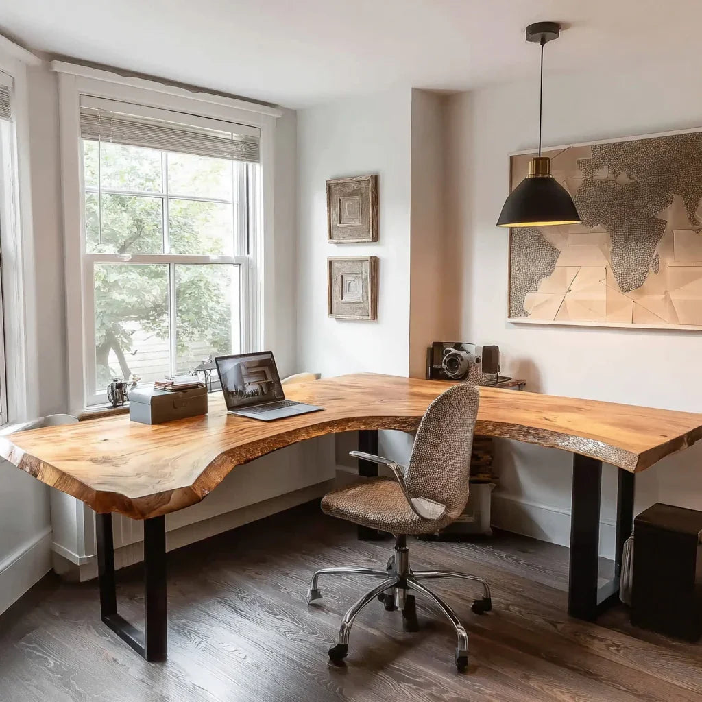 Live edge solid wood L-shaped desk in a modern home office with laptop and swivel chair