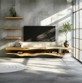 Modern living room with live edge wood TV stand, floating wood shelves, and decorative plants