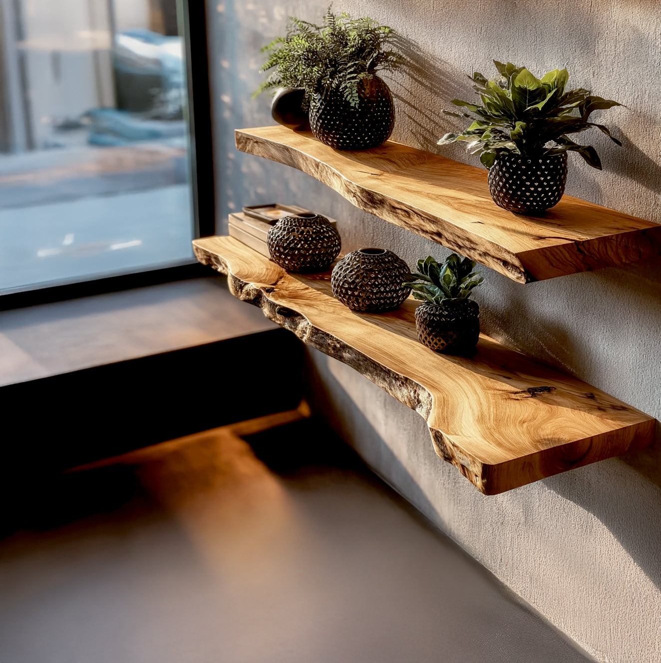Natural wood live edge floating shelves with decorative black vases and green plants near window