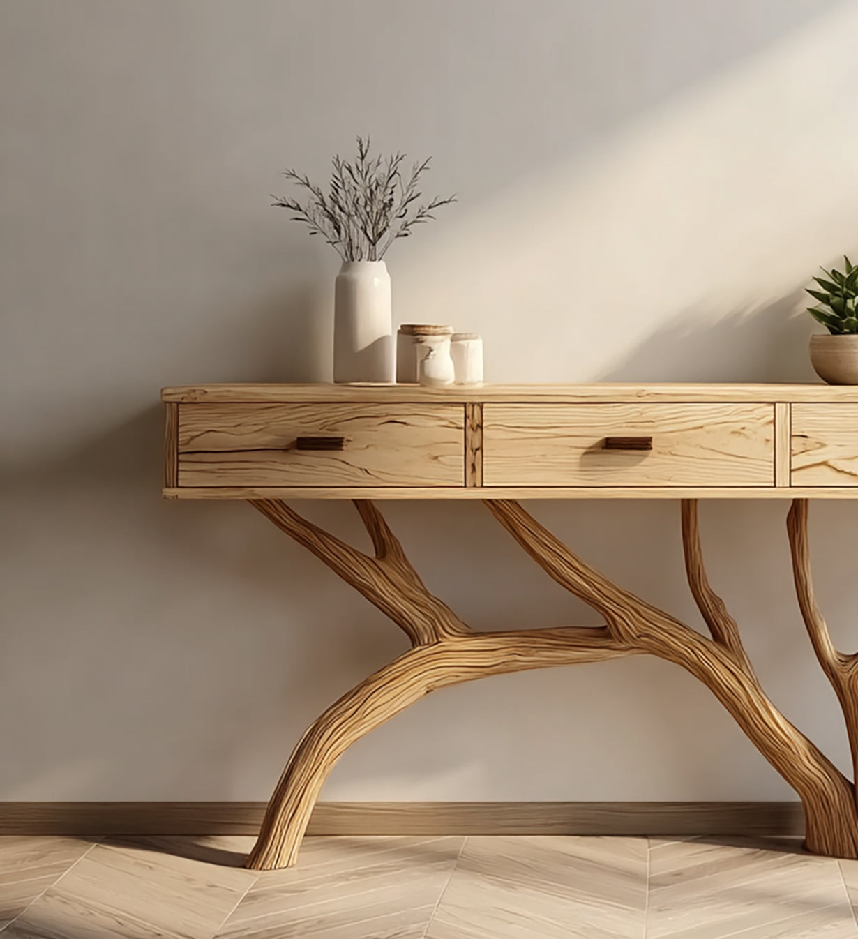 wooden console table with branch-style legs, white vase with twigs, glass jars, and potted plant on light floor