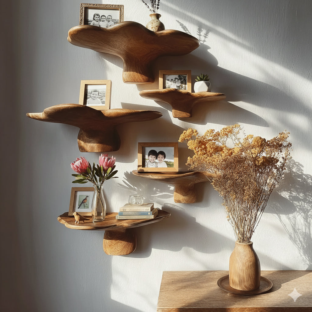 Wooden wall shelves with family photos, vase of flowers, books, and dried floral arrangement in sunlight