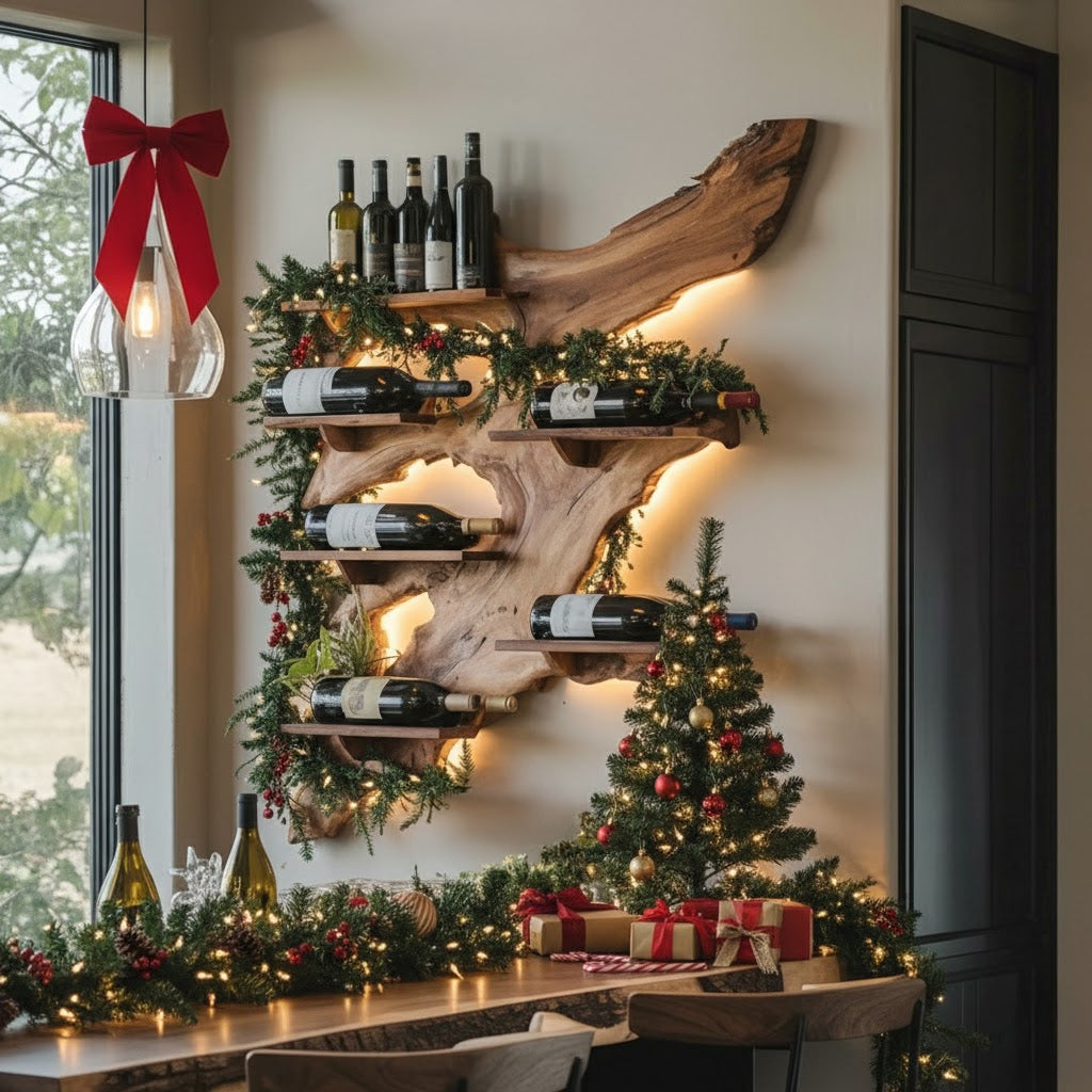 Holiday wine display with rustic wooden shelves, Christmas tree, garlands, and wrapped gifts