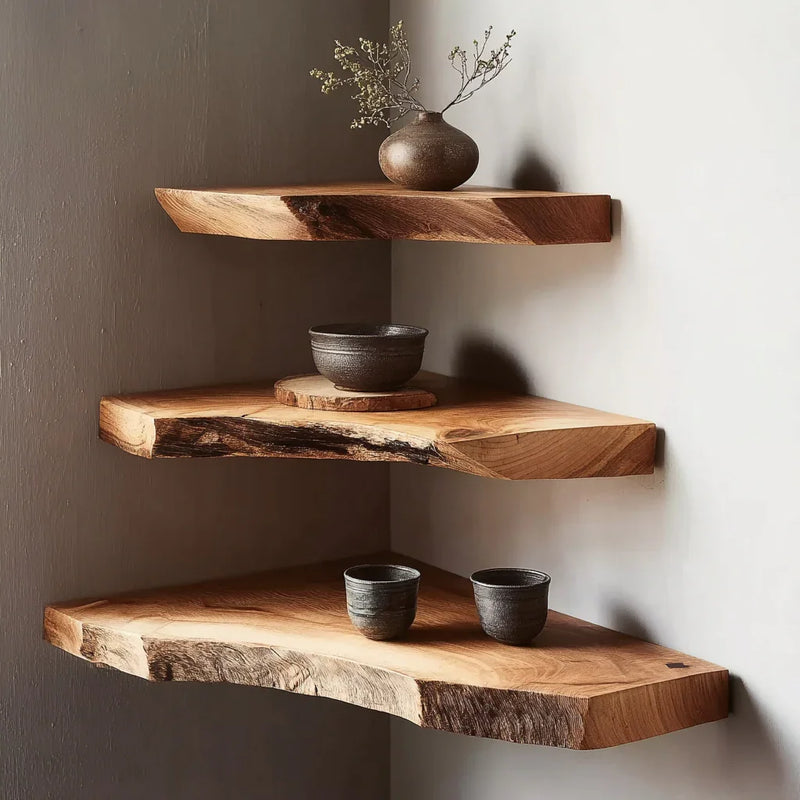 Three rustic wooden floating corner shelves with ceramic vases and bowls in minimalist setting