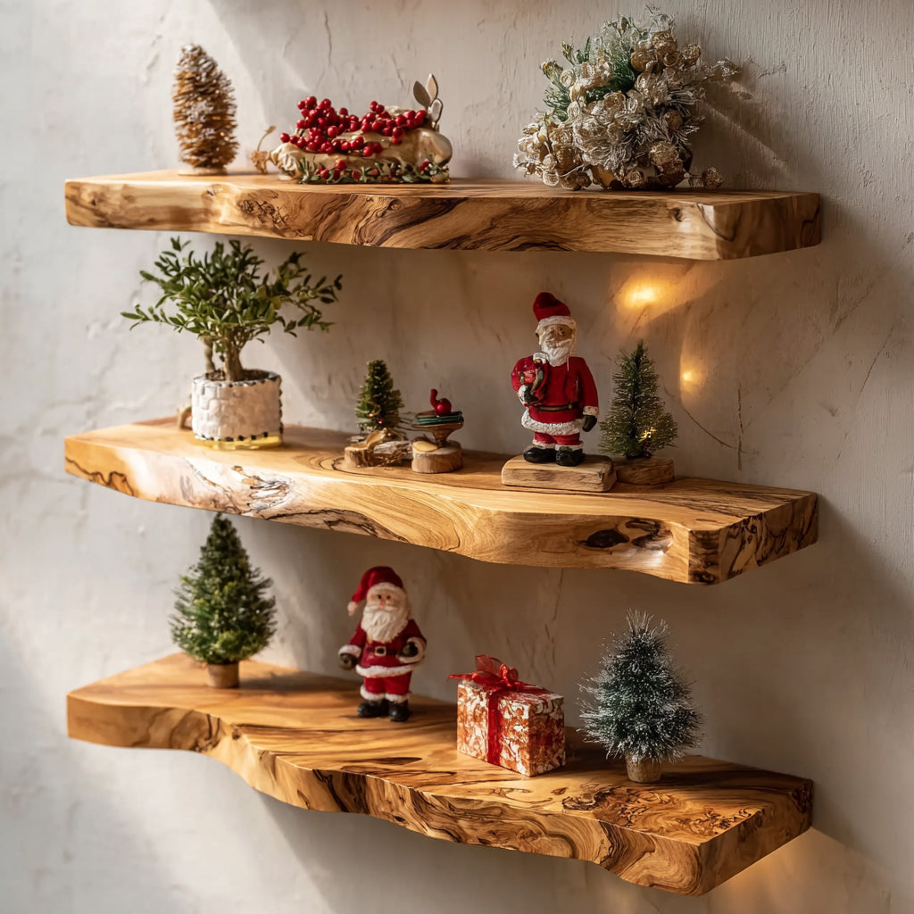 Rustic wooden shelves decorated with miniature Christmas trees, Santa figurines, gift box, and festive ornaments