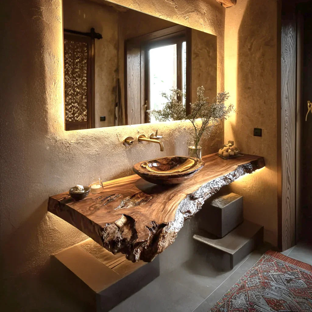 Live edge solid wood bathroom vanity with vessel sink and modern rustic decor