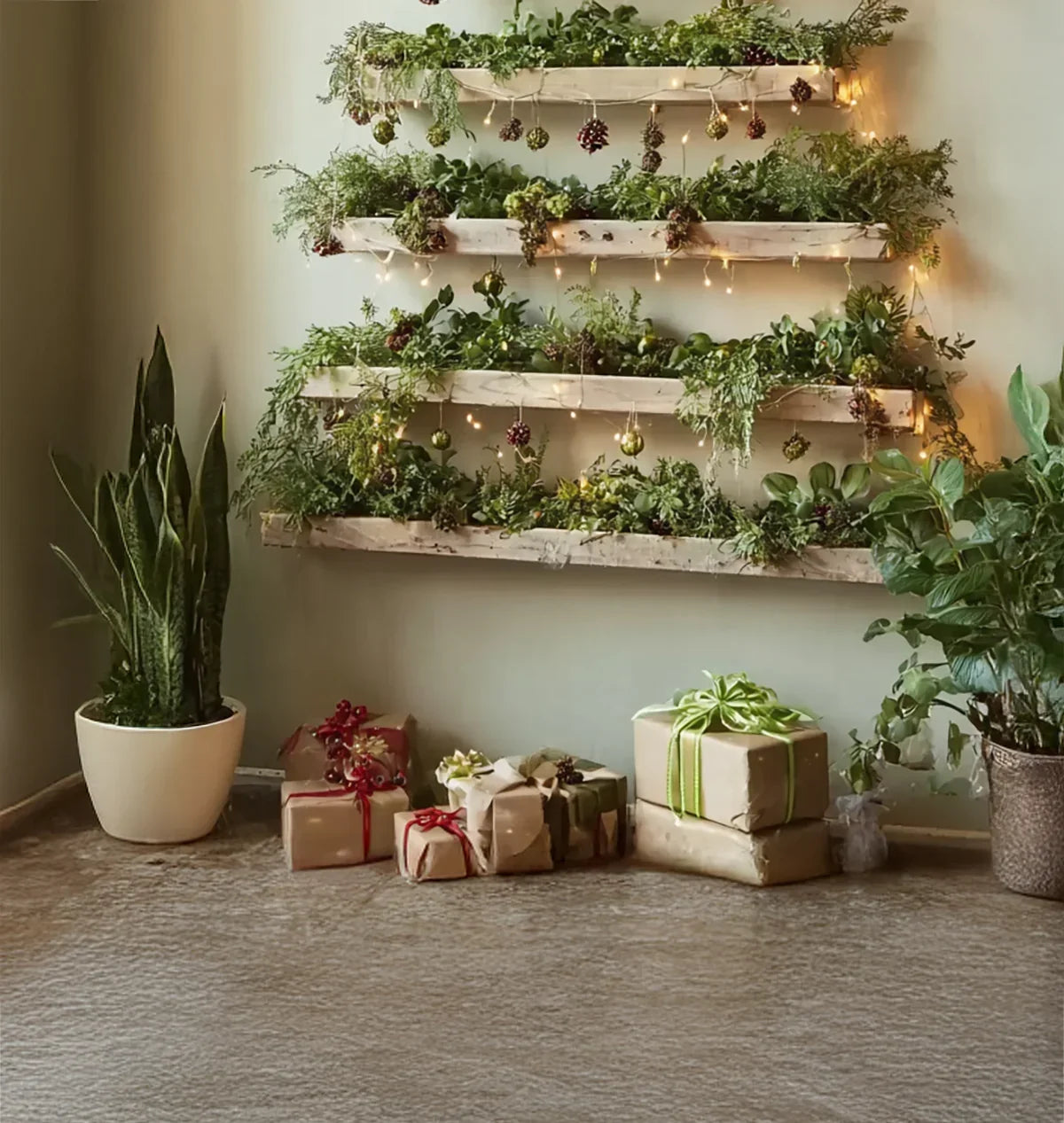 Indoor holiday decoration with wall-mounted wooden shelves holding greenery, pinecones, fairy lights, and wrapped gifts underneath