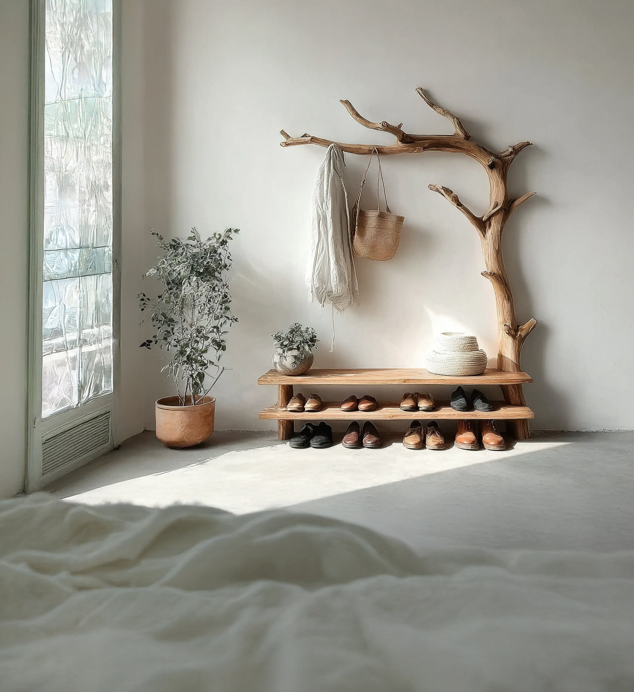 Minimalist entryway with wooden coat rack shaped like a tree, bench with shoes, and potted plants