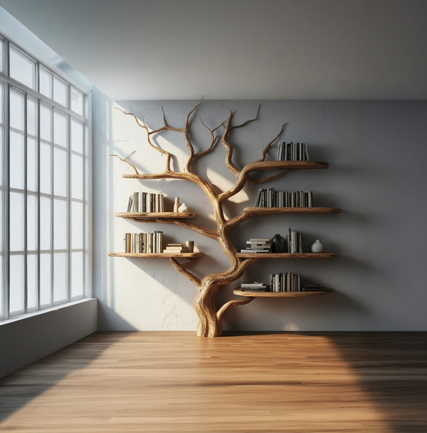 Modern bookshelf shaped like a tree with wooden branches holding books in a sunlit room