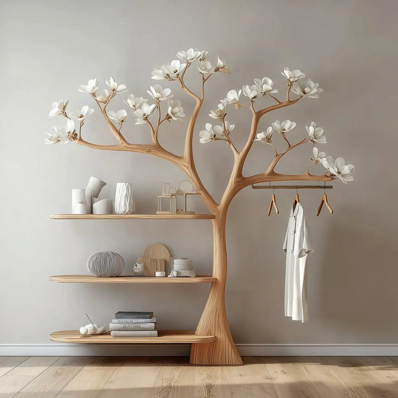 Solid wood tree bookshelf with floral branches, shelves, and a hanging rack in a modern room