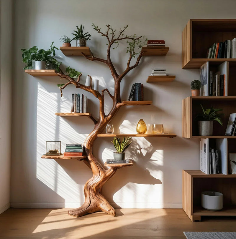Live edge tree bookshelf with floating shelves, houseplants, and books in a modern living room