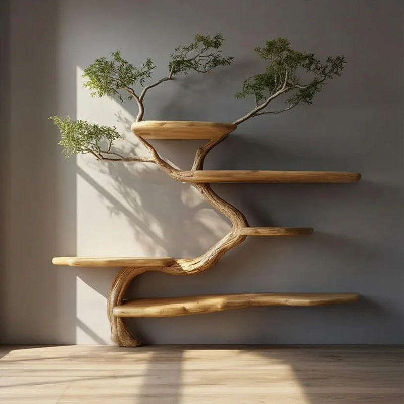 Live edge tree bookshelf with natural wood shelves and branches against a gray wall