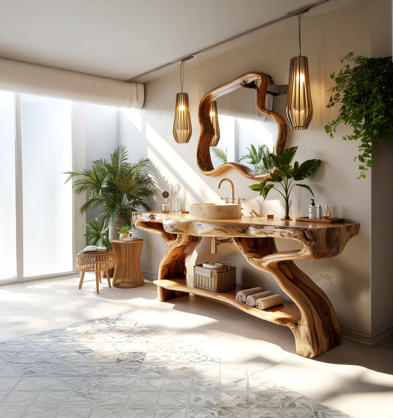 Modern bathroom with sculptural wooden vanity, round sink, organic mirror, pendant lights, and indoor plants