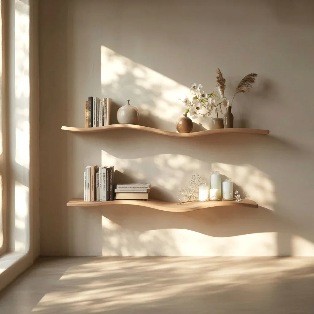 Handcrafted Wavy Rustic Wooden Shelf – Mid-Century Bookcase, Home Décor & Gift